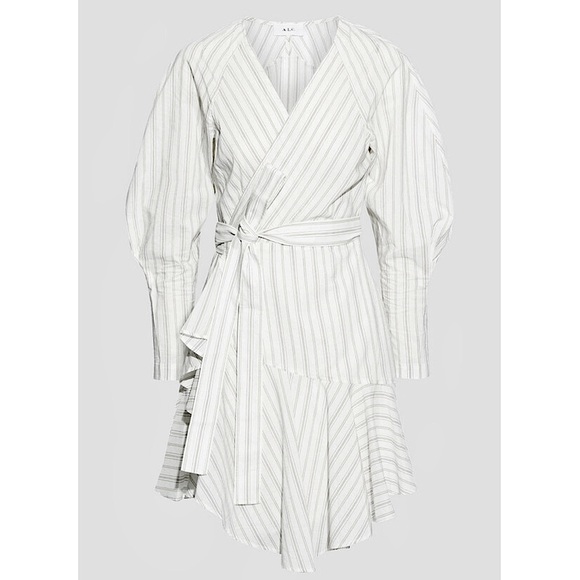 NWT ALC Striped Cotton Silk Blend Puff Long Sleeve Ruffle Hem Wrap Waist Dress 6 - Picture 12 of 12